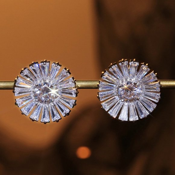 Silver Baguette Round Diamond Sunflower Earrings - Picture 3 of 9